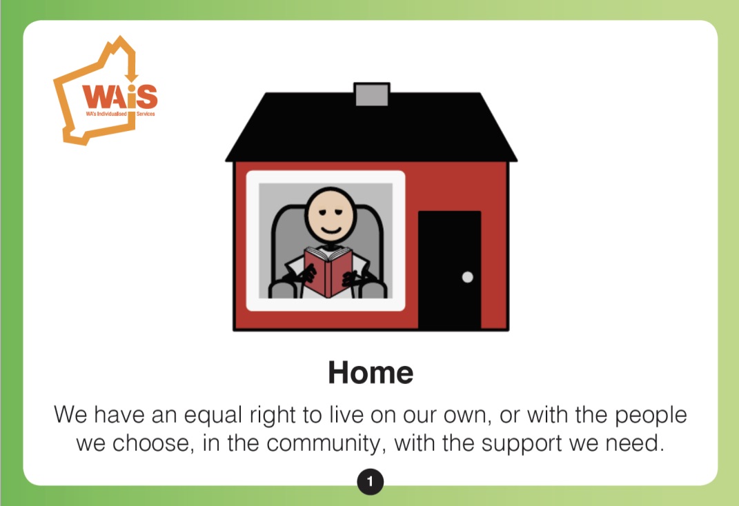 WAiS designed Home Planning Card that says ' We have an equal right to live on our own, or with the people we choose, in the community, with the support we need.'