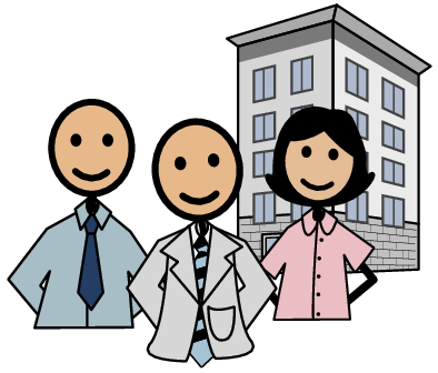 Image of happy workers in front of a multi level building.