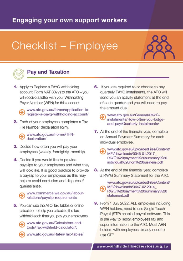 First page of WAiS designed resource called 'Employee Checklist'