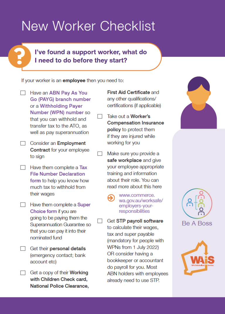 First page of WAiS designed resource called 'New Worker Checklist'