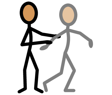 Stick figures with one person holding other persons arm