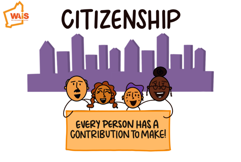Citizenship. Happy people standing in front of a city scape holding a sign saying 'Every person has a contribution to make'.