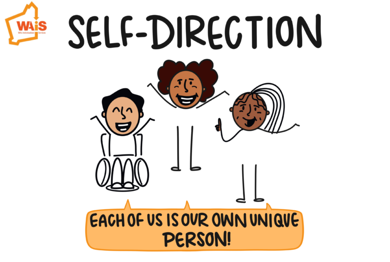 Self Direction heading, stick figures smiling with arms up and thumnbs up, underneath says 'each of us is our own unique person!'